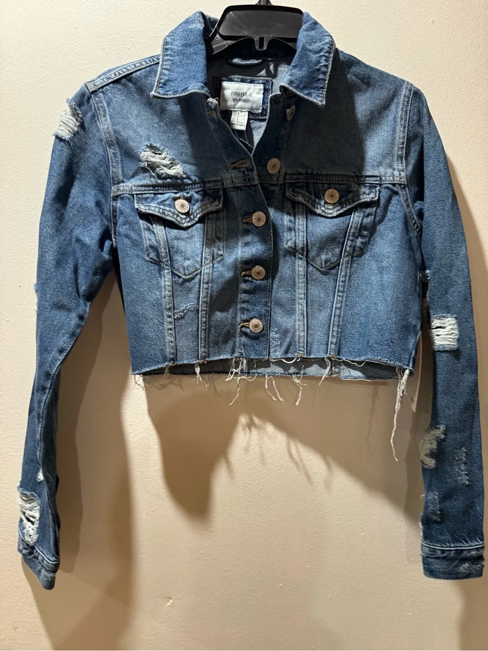 Forever 21 Cropped Distressed Blue Denim Jacket